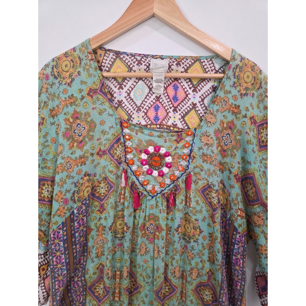 India Cotton Boho Tunic Dress Large Beaded Tassel Beachy Festival Top - Picture 3 of 11